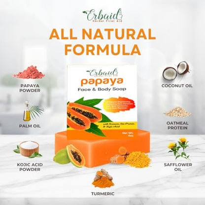 Erbaid Papaya Soap Face & Body Wash – Brightening Soap Bar for Dark Spots, Acne, Scars, Even Tone – with Turmeric, Kojic Acid & Essential Oils – All Skin Types