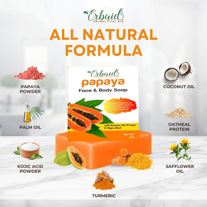 Erbaid Papaya Soap Face & Body Wash – Brightening Soap Bar for Dark Spots, Acne, Scars, Even Tone – with Turmeric, Kojic Acid & Essential Oils – All Skin Types