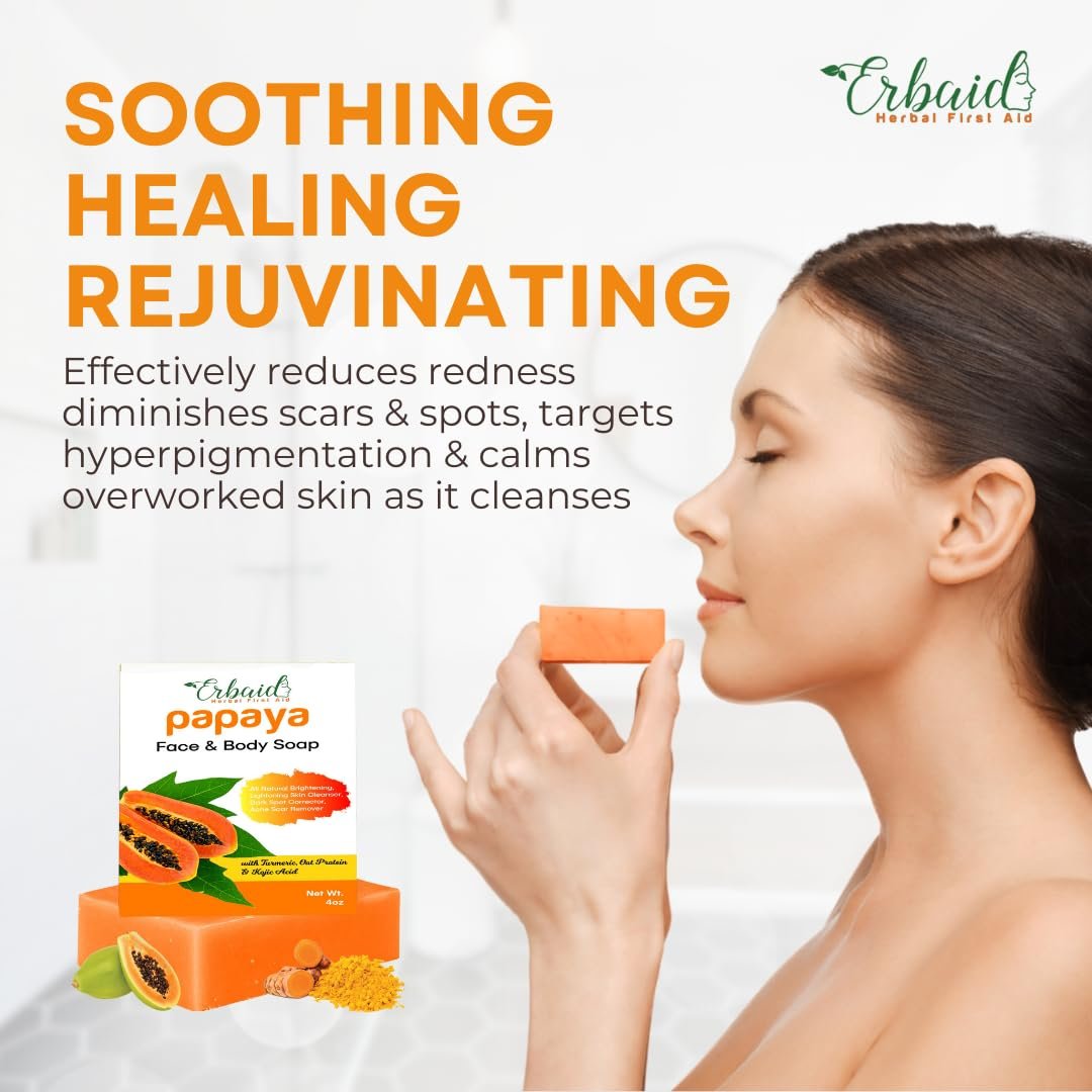 Erbaid Papaya Soap Face & Body Wash – Brightening Soap Bar for Dark Spots, Acne, Scars, Even Tone – with Turmeric, Kojic Acid & Essential Oils – All Skin Types - görsel 11