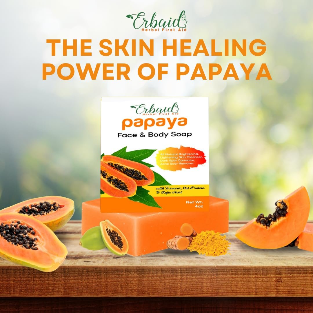 Erbaid Papaya Soap Face & Body Wash – Brightening Soap Bar for Dark Spots, Acne, Scars, Even Tone – with Turmeric, Kojic Acid & Essential Oils – All Skin Types - görsel 3