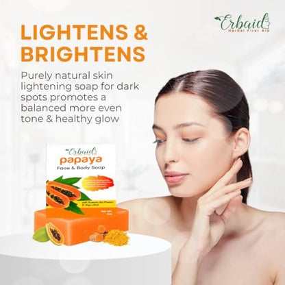 Erbaid Papaya Soap Face & Body Wash – Brightening Soap Bar for Dark Spots, Acne, Scars, Even Tone – with Turmeric, Kojic Acid & Essential Oils – All Skin Types