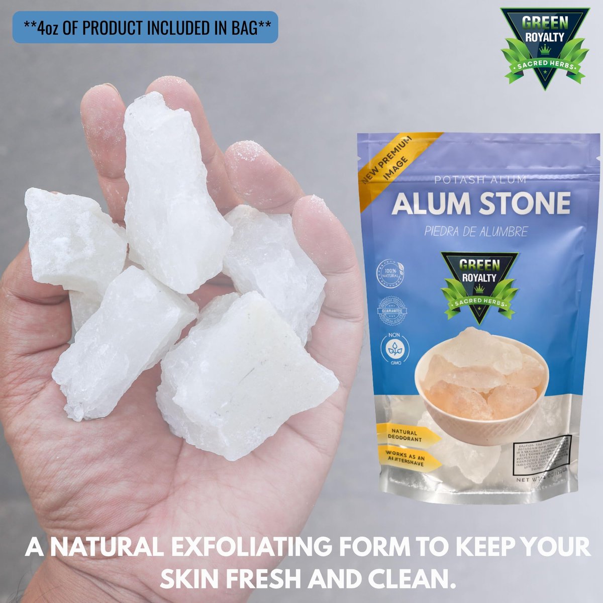 GREEN ROYALTY Alum Stone 4 oz - Natural Deodorant & Antiperspirant, Multi-Purpose Crystal for Skin Care, Shaving Stone Avelisse