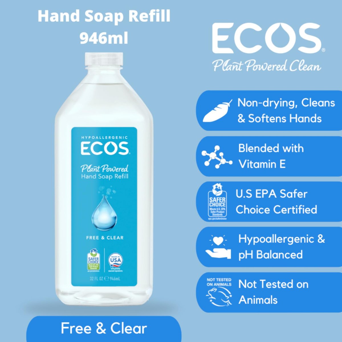 ECOS Supercharged Squeaky Clean Free & Clear Refill Hand Soap (2 Pack) - 32 Fl Oz Each, Plant-Based, Hypoallergenic, Dye-Free & Fragrance-Free Avelisse