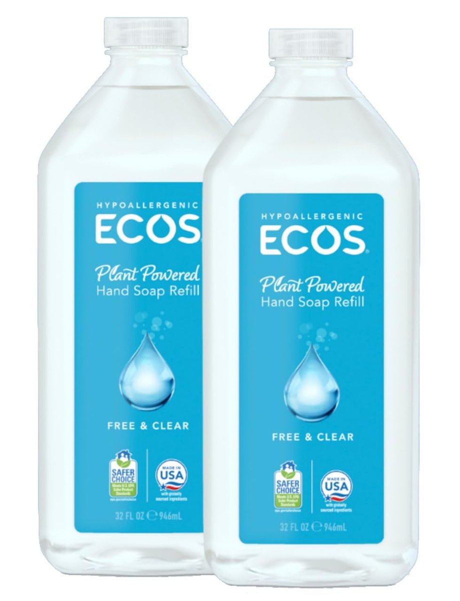 ECOS Supercharged Squeaky Clean Free & Clear Refill Hand Soap (2 Pack) - 32 Fl Oz Each, Plant-Based, Hypoallergenic, Dye-Free & Fragrance-Free Avelisse