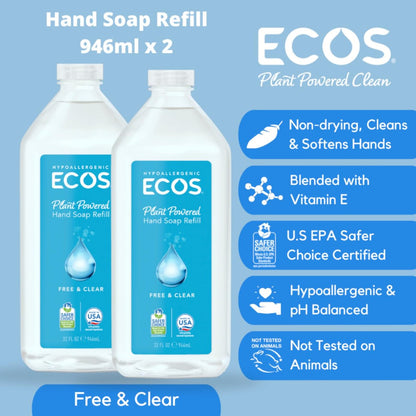 ECOS Supercharged Squeaky Clean Free & Clear Refill Hand Soap (2 Pack) - 32 Fl Oz Each, Plant-Based, Hypoallergenic, Dye-Free & Fragrance-Free Avelisse