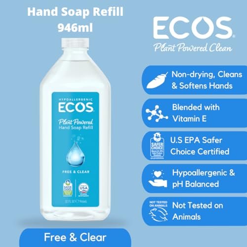 ECOS Supercharged Squeaky Clean Free & Clear Refill Hand Soap (2 Pack) - 32 Fl Oz Each, Plant-Based, Hypoallergenic, Dye-Free & Fragrance-Free Avelisse