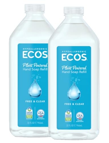 ECOS Supercharged Squeaky Clean Free & Clear Refill Hand Soap (2 Pack) - 32 Fl Oz Each, Plant-Based, Hypoallergenic, Dye-Free & Fragrance-Free Avelisse