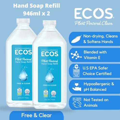 ECOS Supercharged Squeaky Clean Free & Clear Refill Hand Soap (2 Pack) - 32 Fl Oz Each, Plant-Based, Hypoallergenic, Dye-Free & Fragrance-Free Avelisse