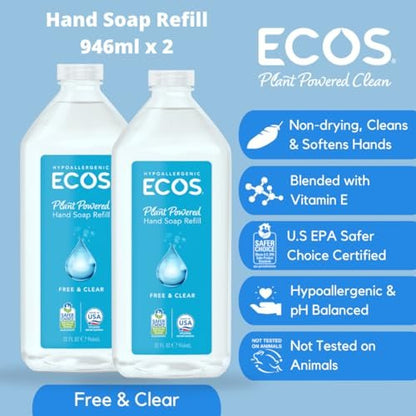 ECOS Supercharged Squeaky Clean Free & Clear Refill Hand Soap (2 Pack) - 32 Fl Oz Each, Plant-Based, Hypoallergenic, Dye-Free & Fragrance-Free Avelisse