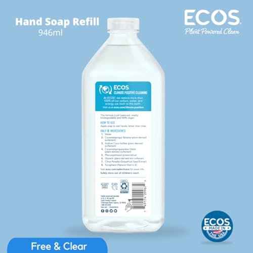 ECOS Supercharged Squeaky Clean Free & Clear Refill Hand Soap (2 Pack) - 32 Fl Oz Each, Plant-Based, Hypoallergenic, Dye-Free & Fragrance-Free Avelisse