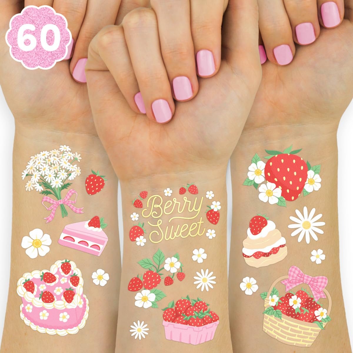 xo, Fetti Strawberry Party Temporary Tattoos - 60 Styles | Dessert Birthday Party Decorations, Berry Sweet Cute Accessory, Garden Tea Theme Favor, Summer Home Activity, Easter Basket - görsel 1