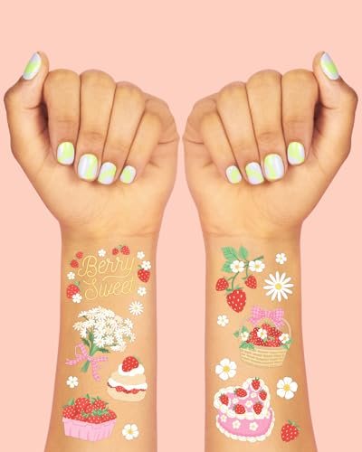 xo, Fetti Strawberry Party Temporary Tattoos - 60 Styles | Dessert Birthday Party Decorations, Berry Sweet Cute Accessory, Garden Tea Theme Favor, Summer Home Activity, Easter Basket - görsel 6