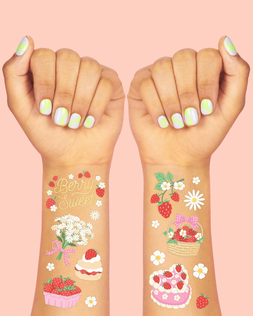 xo, Fetti Strawberry Party Temporary Tattoos - 60 Styles | Dessert Birthday Party Decorations, Berry Sweet Cute Accessory, Garden Tea Theme Favor, Summer Home Activity, Easter Basket - görsel 5