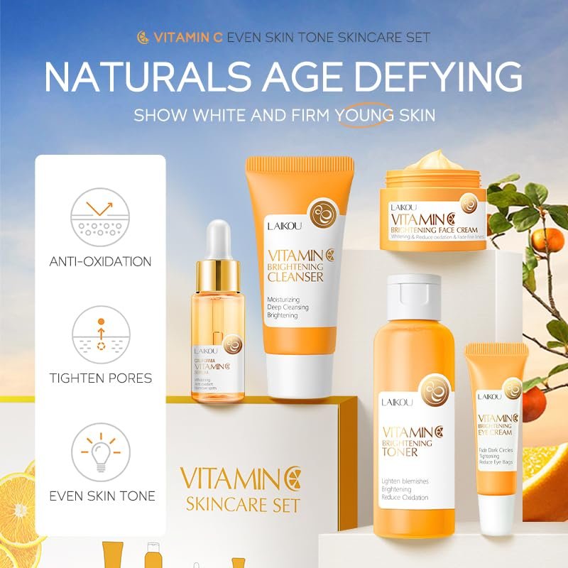 5-Piece Vitamin C Skincare Gift Set for Teenage Girls – Hydrating Facial Cleanser, Toner, Serum, Eye Cream & Moisturizer Travel Kit Avelisse
