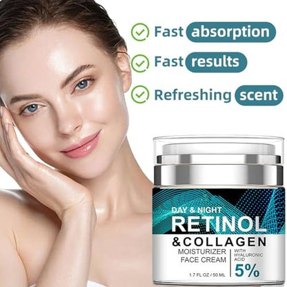 Retinol Collagen Cream with 5% Hyaluronic Acid - Anti-Aging Face Moisturizer for Firming, Lifting & Wrinkle Reduction - 24-Hour Hydration for All Skin Types
