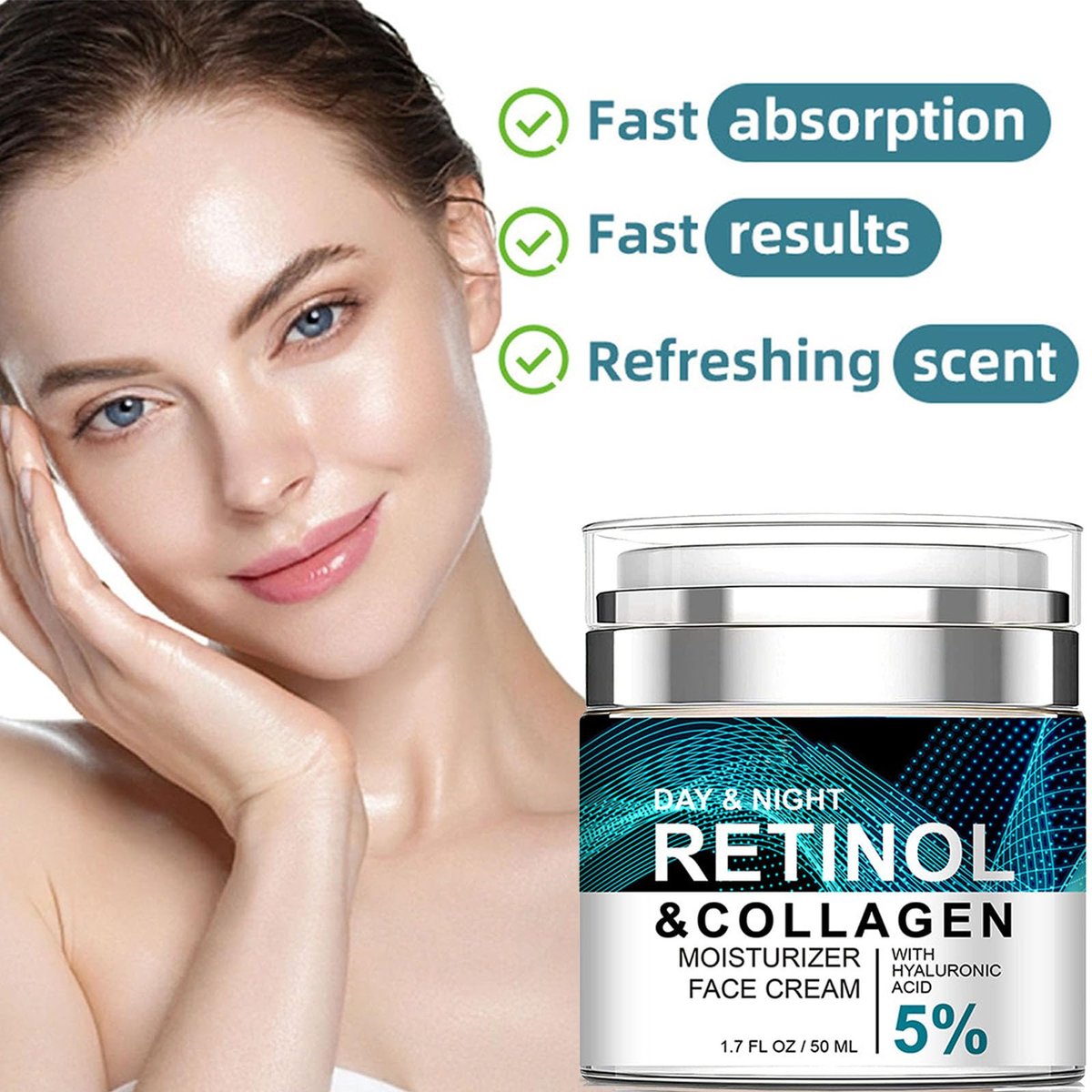 Retinol Collagen Cream with 5% Hyaluronic Acid - Anti-Aging Face Moisturizer for Firming, Lifting & Wrinkle Reduction - 24-Hour Hydration for All Skin Types - görsel 5