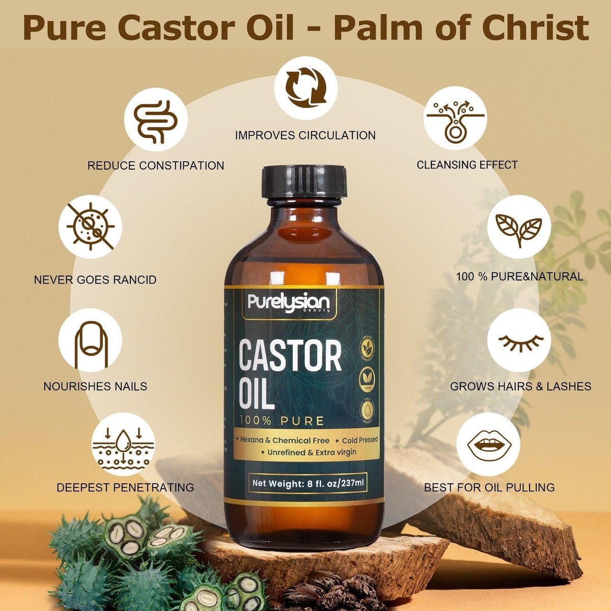 Purelysian Beauty Castor Oil Pack Wrap Organic Cotton - 7 Piece Castor Oil Kit for Stomach and Liver Detox (8 fl oz / 237 ml) Avelisse