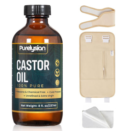 Purelysian Beauty Castor Oil Pack Wrap Organic Cotton - 7 Piece Castor Oil Kit for Stomach and Liver Detox (8 fl oz / 237 ml) Avelisse
