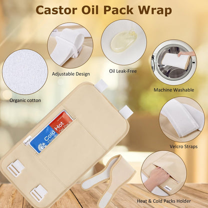 Purelysian Beauty Castor Oil Pack Wrap Organic Cotton - 7 Piece Castor Oil Kit for Stomach and Liver Detox (8 fl oz / 237 ml) Avelisse