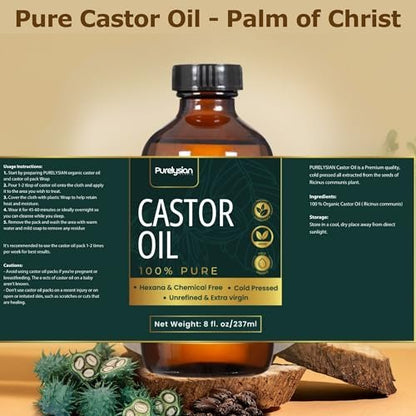 Purelysian Beauty Castor Oil Pack Wrap Organic Cotton - 7 Piece Castor Oil Kit for Stomach and Liver Detox (8 fl oz / 237 ml) Avelisse