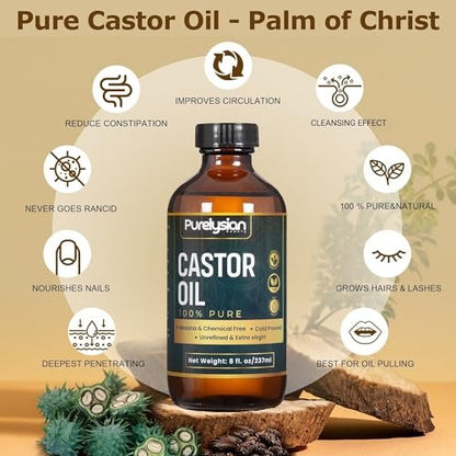 Purelysian Beauty Castor Oil Pack Wrap Organic Cotton - 7 Piece Castor Oil Kit for Stomach and Liver Detox (8 fl oz / 237 ml) Avelisse