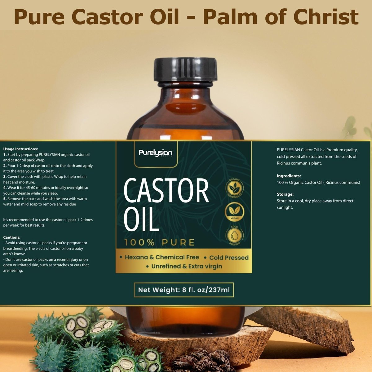 Purelysian Beauty Castor Oil Pack Wrap Organic Cotton - 7 Piece Castor Oil Kit for Stomach and Liver Detox (8 fl oz / 237 ml) Avelisse