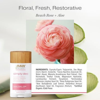 RAW SUGAR Simply Deo Bundle (Pack of 3) - Aluminum Free Deodorant Stick, Beach Rose + Aloe Scent, Whole Body Deodorant for Women & Men, Clean Formulated without Aluminum, Baking Soda, Talc & Parabens Avelisse