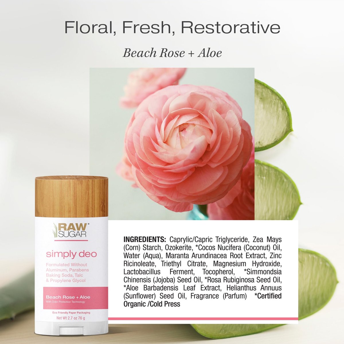 RAW SUGAR Simply Deo Bundle (Pack of 3) - Aluminum Free Deodorant Stick, Beach Rose + Aloe Scent, Whole Body Deodorant for Women & Men, Clean Formulated without Aluminum, Baking Soda, Talc & Parabens Avelisse