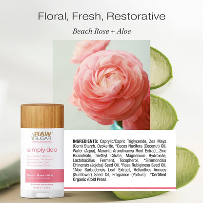RAW SUGAR Simply Deo Bundle (Pack of 3) - Aluminum Free Deodorant Stick, Beach Rose + Aloe Scent, Whole Body Deodorant for Women & Men, Clean Formulated without Aluminum, Baking Soda, Talc & Parabens Avelisse