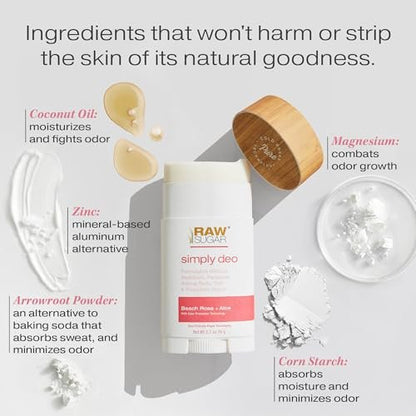 RAW SUGAR Simply Deo Bundle (Pack of 3) - Aluminum Free Deodorant Stick, Beach Rose + Aloe Scent, Whole Body Deodorant for Women & Men, Clean Formulated without Aluminum, Baking Soda, Talc & Parabens Avelisse