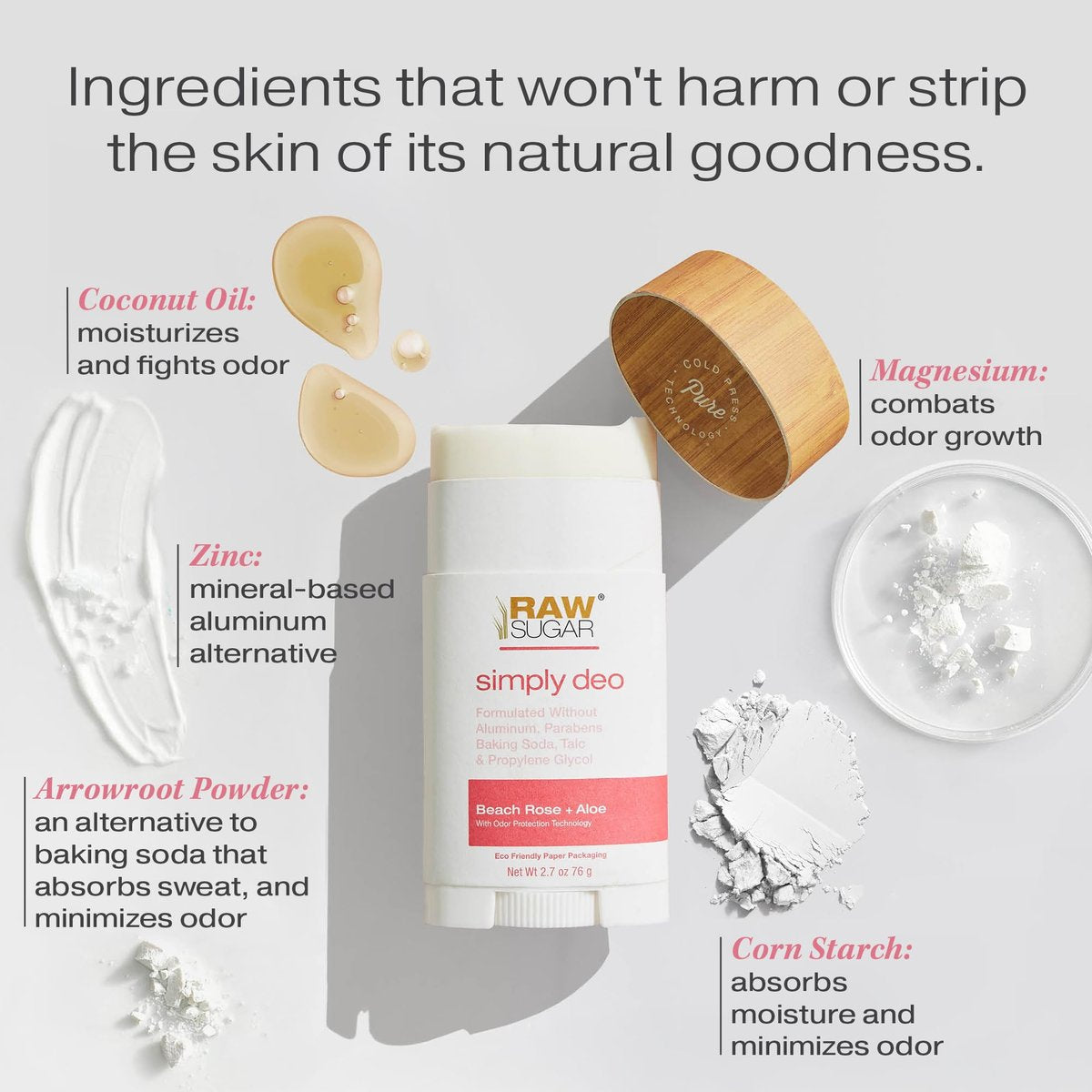 RAW SUGAR Simply Deo Bundle (Pack of 3) - Aluminum Free Deodorant Stick, Beach Rose + Aloe Scent, Whole Body Deodorant for Women & Men, Clean Formulated without Aluminum, Baking Soda, Talc & Parabens Avelisse