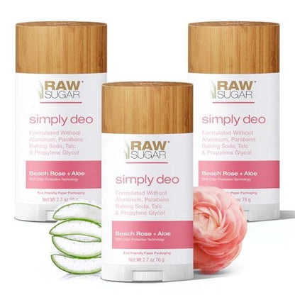 RAW SUGAR Simply Deo Bundle (Pack of 3) - Aluminum Free Deodorant Stick, Beach Rose + Aloe Scent, Whole Body Deodorant for Women & Men, Clean Formulated without Aluminum, Baking Soda, Talc & Parabens Avelisse