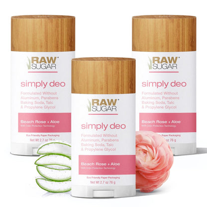 RAW SUGAR Simply Deo Bundle (Pack of 3) - Aluminum Free Deodorant Stick, Beach Rose + Aloe Scent, Whole Body Deodorant for Women & Men, Clean Formulated without Aluminum, Baking Soda, Talc & Parabens Avelisse