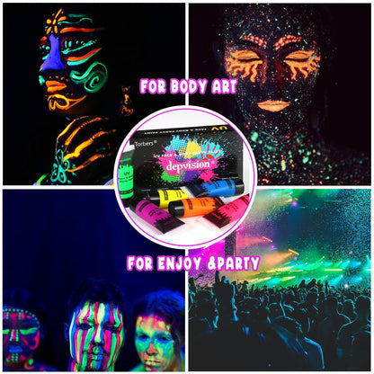 Depvision Glow in the Dark UV Face and Body Paint 6x10ml Neon Blacklight Reactive Fluorescent for Christmas Halloween Party Non-toxic
