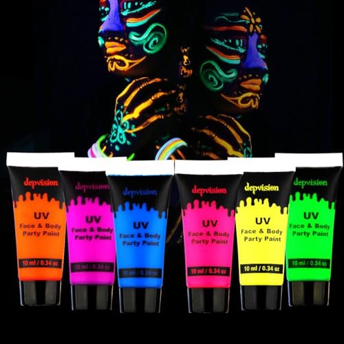 Depvision Glow in the Dark UV Face and Body Paint 6x10ml Neon Blacklight Reactive Fluorescent for Christmas Halloween Party Non-toxic - görsel 2