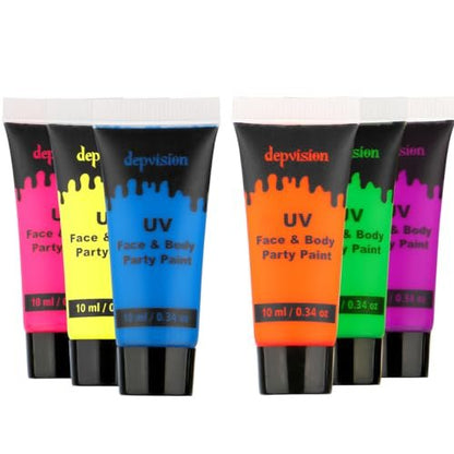 Depvision Glow in the Dark UV Face and Body Paint 6x10ml Neon Blacklight Reactive Fluorescent for Christmas Halloween Party Non-toxic
