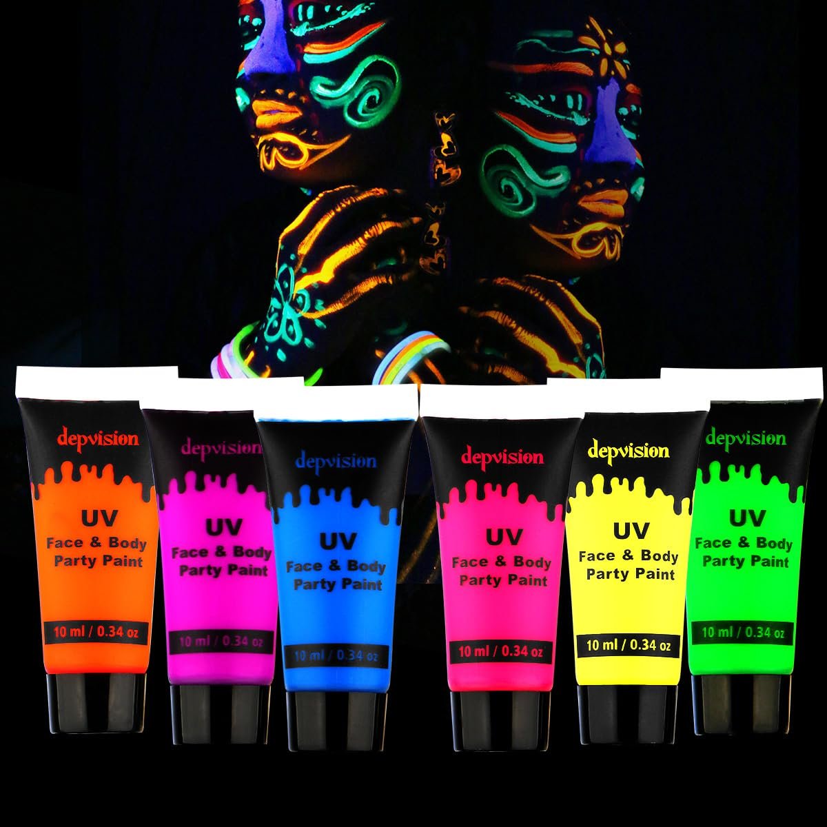 Depvision Glow in the Dark UV Face and Body Paint 6x10ml Neon Blacklight Reactive Fluorescent for Christmas Halloween Party Non-toxic - görsel 1