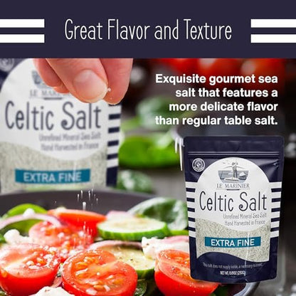 Le Marinier French Sea Salt Extra Fine, 8.81 oz – Organic Celtic Salt, 100% Natural, Mineral Rich, Unrefined, Hand Harvested