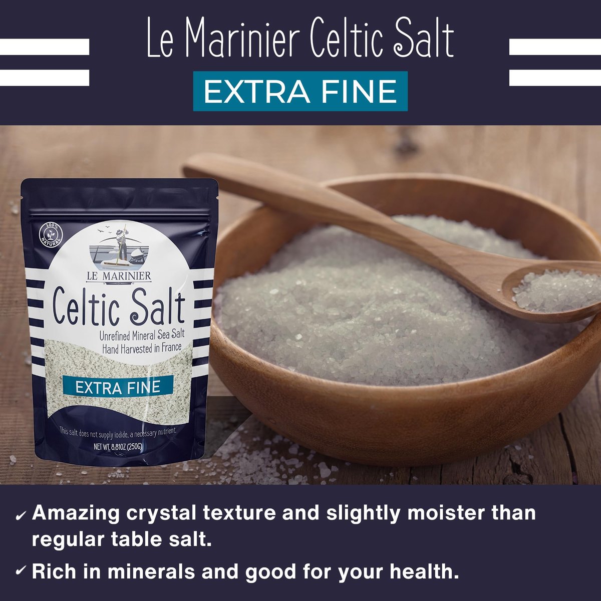 Le Marinier French Sea Salt Extra Fine, 8.81 oz – Organic Celtic Salt, 100% Natural, Mineral Rich, Unrefined, Hand Harvested - görsel 9