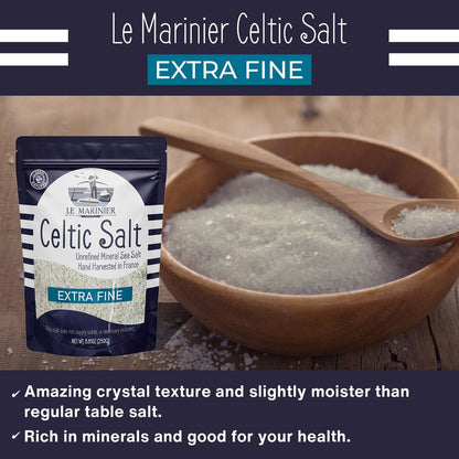 Le Marinier French Sea Salt Extra Fine, 8.81 oz – Organic Celtic Salt, 100% Natural, Mineral Rich, Unrefined, Hand Harvested