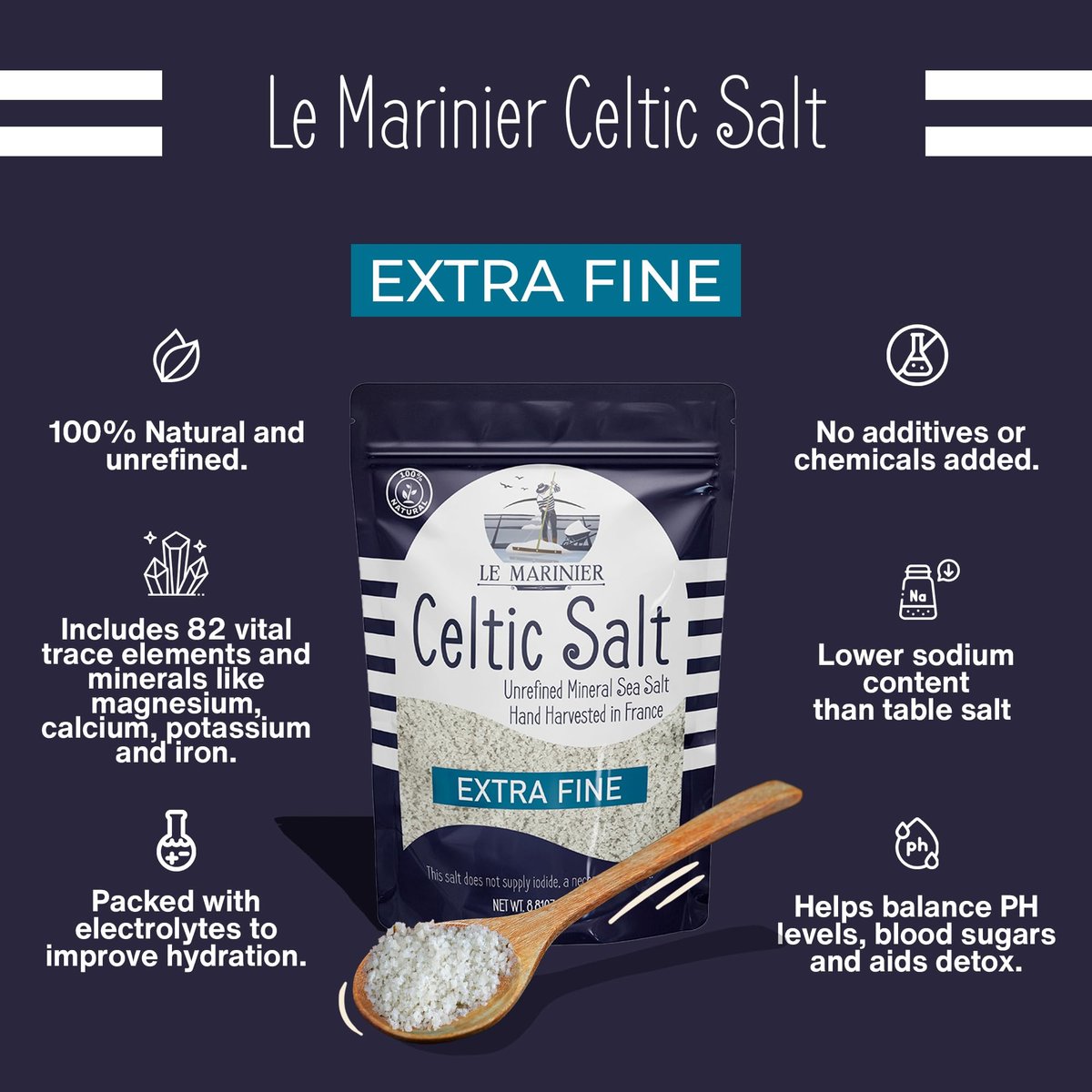 Le Marinier French Sea Salt Extra Fine, 8.81 oz – Organic Celtic Salt, 100% Natural, Mineral Rich, Unrefined, Hand Harvested - görsel 3