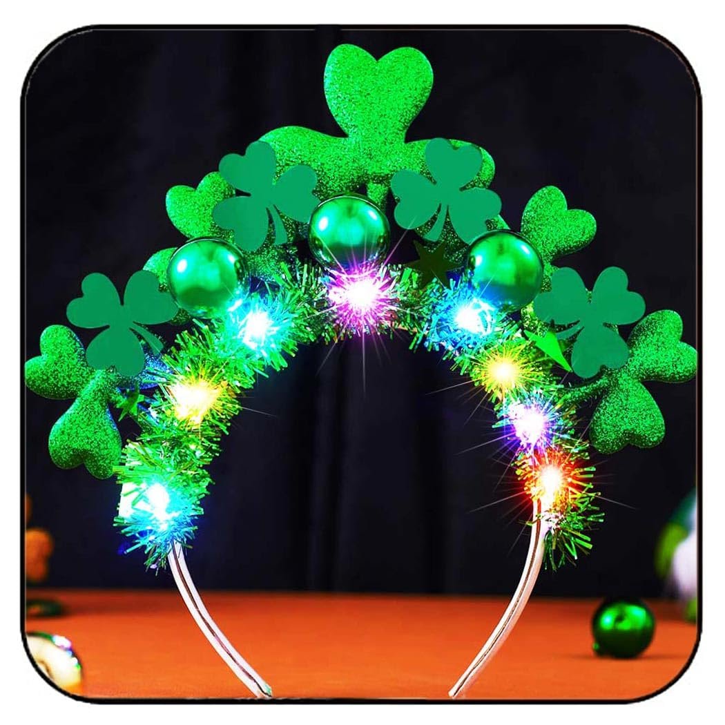 GORTIN Light Up St. Patrick's Day Headband - Green LED Shamrock Headband with Glowing Balls for Women, Irish Day Festival Costume Headwear - görsel 1