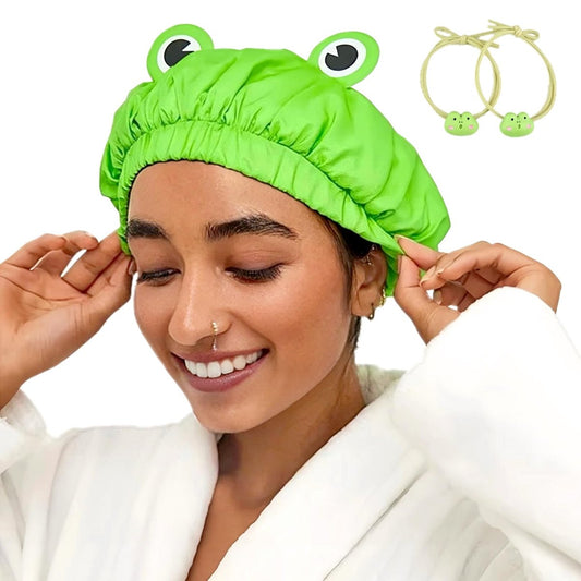 LamaMe Waterproof Reusable Shower Cap – Green Frog Design for Women, Ladies, Spa & Salon (Small, Polyester) Avelisse