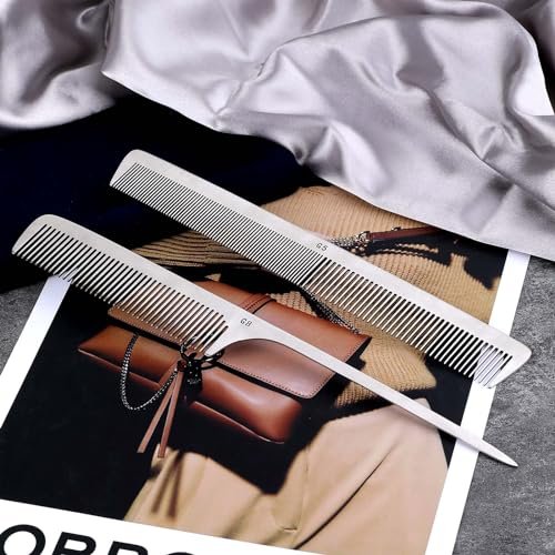 2-Pack Stainless Steel Rat Tail Comb with Metal Pick & Flat Top Barber Comb for Hair Styling - görsel 6