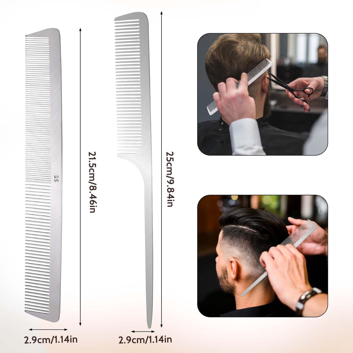 2-Pack Stainless Steel Rat Tail Comb with Metal Pick & Flat Top Barber Comb for Hair Styling - görsel 13