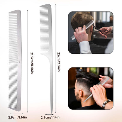 2-Pack Stainless Steel Rat Tail Comb with Metal Pick & Flat Top Barber Comb for Hair Styling