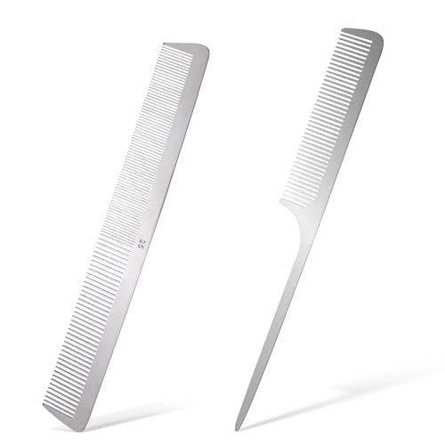 2-Pack Stainless Steel Rat Tail Comb with Metal Pick & Flat Top Barber Comb for Hair Styling - görsel 2