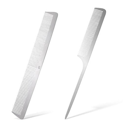 2-Pack Stainless Steel Rat Tail Comb with Metal Pick & Flat Top Barber Comb for Hair Styling