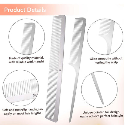 2-Pack Stainless Steel Rat Tail Comb with Metal Pick & Flat Top Barber Comb for Hair Styling