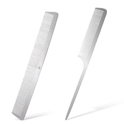 2-Pack Stainless Steel Rat Tail Comb with Metal Pick & Flat Top Barber Comb for Hair Styling